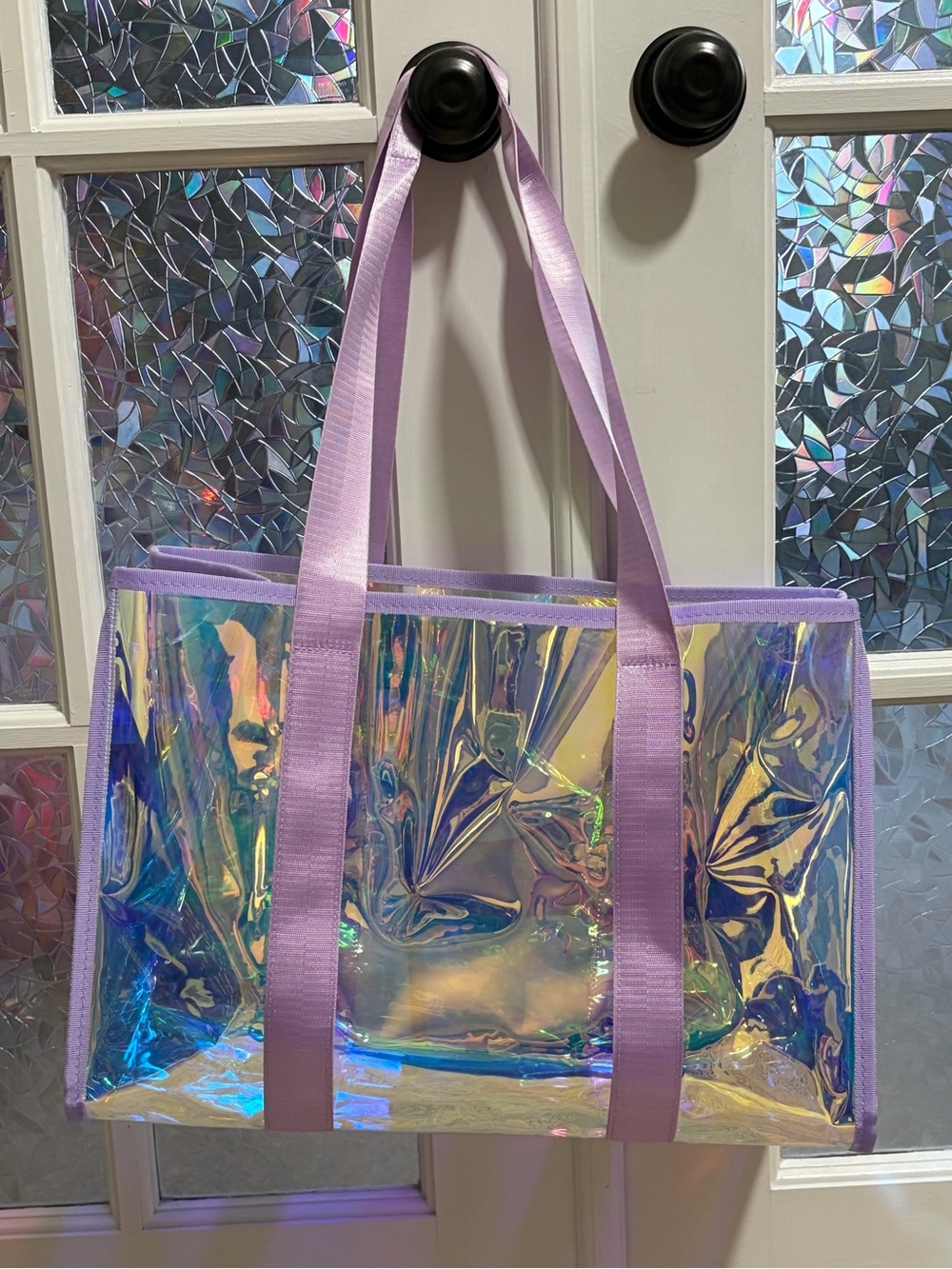 Large Iridescent Holographic Clear Tote Bag Purple Trim Beach Pool Travel